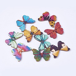 Mixed Color Wooden Buttons, 2-Hole, Dyed, Butterfly, Mixed Color, 20.5x28.2x2mm, Hole: 1.4mm