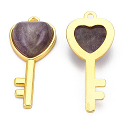 Amethyst Natural Amethyst Pendants, with Light Gold Plated Brass Findings, Key with Heart Charm, 38x17x6.5~7mm, Hole: 1.8mm