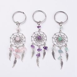 Mixed Stone Natural Chip Gemstone Keychain, with Tibetan Style Pendants and 316 Surgical Stainless Steel Key Ring, Woven Net/Web with Feather, 107mm, Pendant: 82x28x7mm