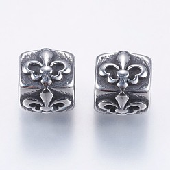 Antique Silver 304 Stainless Steel Beads, Cube with Fleur De Lis, Antique Silver, 7.5x7x7.5mm, Hole: 3.5mm