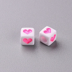 Hot Pink White Opaque Acrylic Beads, Cube with Heart, Hot Pink, 6.5x6x6mm, Hole: 3mm