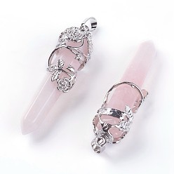 Rose Quartz Natural Rose Quartz Big Pointed Pendants, with Platinum Plated Brass Findings, Bullets, 55~60x16mm, Hole: 5x8.5mm