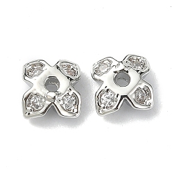 Real Platinum Plated Brass Pave Clear Cubic Zirconia Bead Caps, 4-Petal, Clover, Real Platinum Plated, 4.5x4.5x2mm, Hole: 1mm