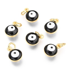 Black Brass Enamel Charms, Real 18K Gold Plated, Long-Lasting Plated, with Jump Ring, Evil Eye, Black, 9.5x6.5x4.5mm, Hole: 2.5mm