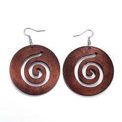 Coffee Trendy Flat Round Wood Dangle Earrings, with Platinum Tone Alloy Earring Hooks, Coffee, 69~71x49~50mm, pin: 0.8mm