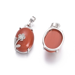 Red Jasper Natural Red Jasper Pendants, with Platinum Tone Brass Findings, Oval with Flower, 22x13.8x10.3mm, Hole: 6x3.5mm