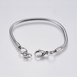 Stainless Steel Color 304 Stainless Steel Round Snake Chain Bracelet Making, with Lobster Claw Clasps, Stainless Steel Color, 6-7/8 inch(17.5cm), 3mm, Hole: 4mm