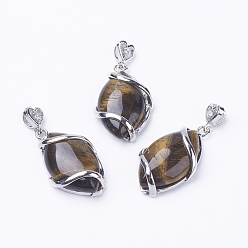 Tiger Eye Natural Tiger Eye Pendants, with Brass Findings, Horse Eye, Platinum, 38x17x7mm, Hole: 3x4mm