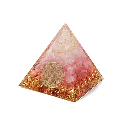 Rose Quartz Orgonite Pyramid Resin Display Decorations, with Gold Foil and Natural Rose Quartz Chips Inside, for Home Office Desk, 50x50x51.5mm