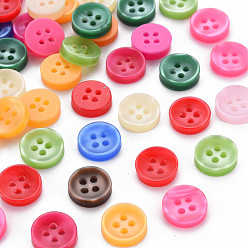 Mixed Color 4-Hole Plastic Buttons, Pearlized, Flat Round, Mixed Color, 11x2.5mm, Hole: 1.6mm