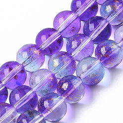 Blue Violet Transparent Spray Painted Glass Bead Strands, with Golden Foil, Round, Blue Violet, 10~11mm, Hole: 1.4~1.6mm, about 39~42pcs/Strand, 14.84 inch~15.27 inch(37.7~38.8cm)