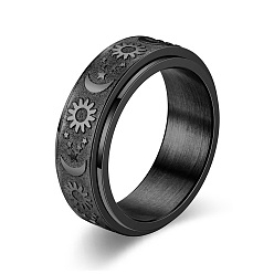 Black Star & Moon & Sun Titanium Steel Rotatable Finger Ring, Fidget Spinner Ring for Calming Worry Meditation, Black, US Size 9 3/4(19.5mm)
