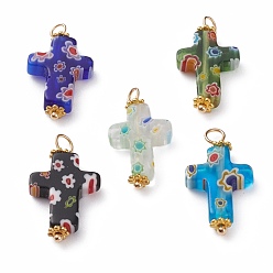 Mixed Color Handmade Millefiori Glass Pendants, with Golden Plated Brass Ball Head pins and Alloy Spacer Beads, Cross, Mixed Color, 24.5x13x3.5mm, Hole: 3.5mm