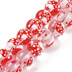 Red Handmade Lampwork Beads Strands, Round with Mushroom, Red, 12~12.5x11.5mm, Hole: 1.2mm, about 30pcs/strand, 13.78''(35cm)