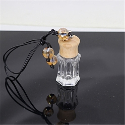 Hexagon Empty Glass Perfume Bottle Pendants, Aromatherapy Fragrance Essential Oil Diffuser Bottle, with Coffee Color Cord, Car Hanging Decor, with Wood Lid, Hexagon, 5.36x2.7cm