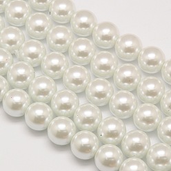 White Eco-Friendly Dyed Glass Pearl Round Beads Strands, Grade A, Cotton Cord Threaded, White, 12mm, Hole: 0.7~1.1mm, about 34pcs/strand, 15 inch