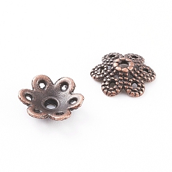 Red Copper Tibetan Style Alloy Bead Caps, Lead Free and Cadmium Free, Flower, 6-Petal, Red Copper, 9.5x10x3mm, Hole: 1.5mm