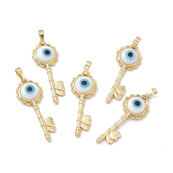 White Handmade Evil Eye Lampwork Pendants, with Rack Plating Real 18K Gold Plated Brass Findings, Long-Lasting Plated, Flower Key with Heart, White, 33x12x3.5mm, Hole: 4x7mm