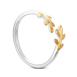 Mixed Color SHEGRACE Fashion 925 Sterling Silver Cuff Rings, Open Rings, with Real 24K Gold Plated Leaves, 17mm