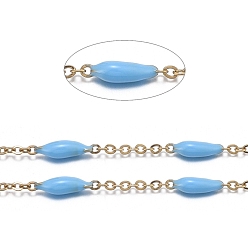 Deep Sky Blue Handmade Enamel Beaded Chains, with Stainless Steel Curb Chains and Spool, Soldered, Long-Lasting Plated, Golden, Deep Sky Blue, 1.5x1x0.1mm, about 32.8 Feet(10m)/roll
