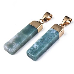 Moss Agate Natural Moss Agate Pendants, with Golden Iron Pinch Bail, Rectangle, 34x7~8x5mm, Hole: 7x4mm