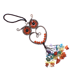 Carnelian Carnelian Owl Pendant Decorations, Colorful Gemstone Chip Beaded Tassel Hanging Ornament, with Metal Frame, 180mm