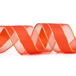Orange Red Solid Color Organza Ribbons, Golden Wired Edge Ribbon, for Party Decoration, Gift Packing, Orange Red, 1"(25mm), about 50yard/roll(45.72m/roll)