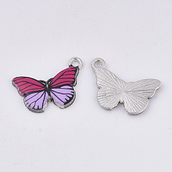 Deep Pink Printed Alloy Pendants, with Enamel, Butterfly, Platinum, Deep Pink, 13x20x2mm, Hole: 1.6mm