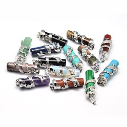 Mixed Stone Column with Dragon Platinum Plated Brass Natural & Synthetic Mixed Stone Pendants, Cadmium Free & Lead Free, 40~42x13mm, Hole: 5x8mm