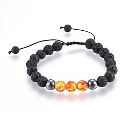 Lava Rock Natural Lava Rock and Non-Magnetic Synthetic Hematite Beads Braided Bead Bracelets, with Resin Imitation Amber, 2-1/8 inch~3 inch(5.3~7.8cm)