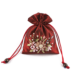Dark Red Flower Pattern Satin Jewelry Packing Pouches, Drawstring Gift Bags, Rectangle, Dark Red, 14x10.5cm