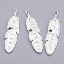 Silver Tibetan Style Alloy Feather Big Pendants, Lead Free & Cadmium Free, Silver, 61x15x3mm, Hole: 2mm