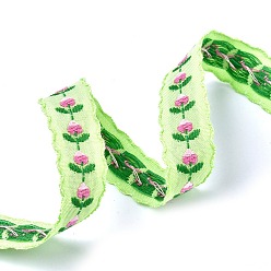Green Polyester & Polycotton Ribbons, Jacquard Ribbon, Garment Accessories, Flower Pattern, Green, 5/8"(16mm), 20m/roll