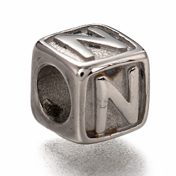 Letter N 304 acier inoxydable perles européennes, Perles avec un grand trou   , trou horizontal, cube avec la lettre, couleur inox, letter.n, 8x8x8mm, Trou: 4.5mm