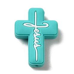 Dark Turquoise Silicone Beads, Cross with Word Jesus, Dark Turquoise, 30x22x8mm, Hole: 2.5mm