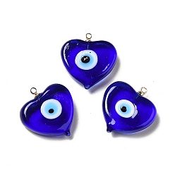 Blue Handmade Lampwork Pendants, with Real 18K Gold Plated Plated Brass Finding, Cadmium Free & Lead Free, Heart with Evil Eye, Blue, 19.5x18.2x5mm, Hole: 1.4mm