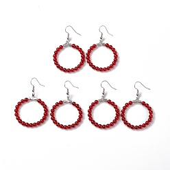 Red Agate Boucles d'oreilles rondes en perles d'agate rouge naturelle, bijoux en laiton pour femmes, platine, sans cadmium et sans plomb, 54mm, pin: 0.6 mm