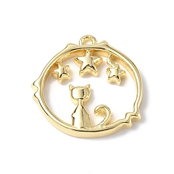 Настоящее золото 18K Латунные подвески, круглое кольцо с подвеской в виде кота и звезды, реальный 18 k позолоченный, 16x16x2 мм, отверстие : 1 мм