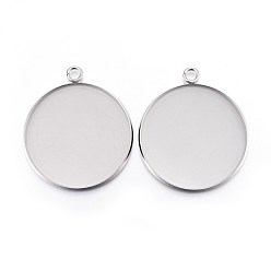 Stainless Steel Color 304 Stainless Steel Pendant Cabochon Settings, Plain Edge Bezel Cups, Flat Round, Stainless Steel Color, Tray: 30mm, 36.5x32x2mm, Hole: 3mm