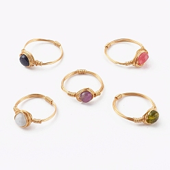 Mixed Stone Natural & Synthetic Gemstone Finger Rings, with Golden Copper Wire and Cardboard  Box, Flat Round, Inner Diameter: 17.1~18.1mm