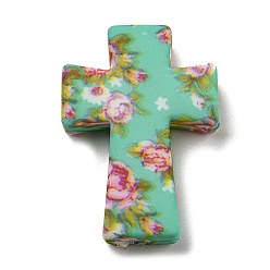 Aquamarine Cross with Flower Silicone Focal Beads, Chewing Beads For Teethers, DIY Nursing Necklaces Making, Aquamarine, 35x25x8mm, Hole: 2mm
