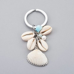 Platinum Electroplate Shell Keychain, with Grade A Pearl Beads, Natural Larimar Beads, Iron Jump Ring, Seashell Color, Platinum, 85mm