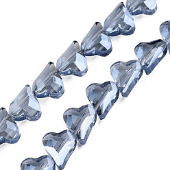 Acero Azul Claro Electroplate transparentes cuentas de vidrio hebras, facetados, corazón, azul acero claro, 12x10x5 mm, agujero: 1 mm, sobre 60 unidades / cadena, 24.41 pulgada (62 cm)
