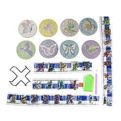 Mixed Color DIY Butterfly & Bird Theme Diamond Painting Wood Cup Mat Kits, Including Coster Holder, Resin Rhinestones, Diamond Sticky Pen, Tray Plate and Glue Clay, Mixed Color, Packaging: 130x126x80mm