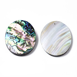 Paua Shell Natural Abalone Shell/Paua Shell Pendants, with Freshwater Shell, Oval, 50x40x7~9mm, Hole: 1.4mm