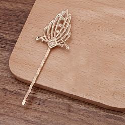Light Gold Iron Hair Bobby Pin Findings, with Flower Brass Findings, Light Gold, 81x27x5mm