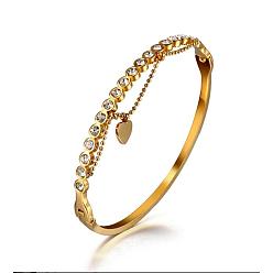 Oro Brazalete con bisagras de diamantes de imitación de cristal, brazalete de dijes de borla de corazón de acero de titanio, dorado, diámetro interior: 1-3/4x2-1/8 pulgada (4.35x5.4 cm)