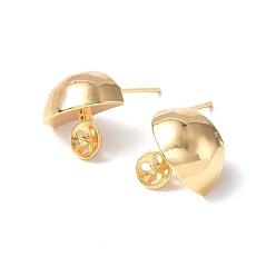 Real 18K Gold Plated Brass Stud Earring Findings, with Peg Bails and 925 Sterling Silver Pins, Half Round, Real 18K Gold Plated, 14x13.5mm, Pin: 0.8mm