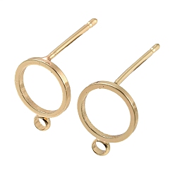 Real 18K Gold Plated Brass Stud Earring Findings, Round Ring, with Horizontal Loop, Real 18K Gold Plated, 10.5x8mm, Hole: 1.5mm, Pin: 0.8mm