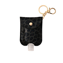 Black Plastic Hand Sanitizer Bottle with PU Leather Cover, Portable Travel Squeeze Bottle Keychain Holder, Leopard Print Pattern, Black, 100x70mm